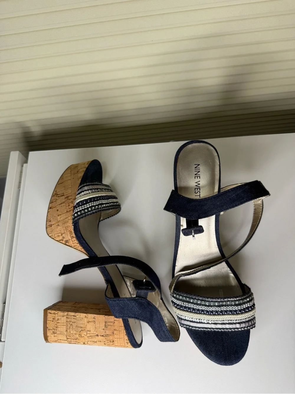 Nine West Navy and Cork Platform Sandals with Beaded Straps